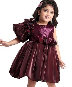 Babyhug Woven Half Sleeves Party Wear Fit and Flare Sequinned Yoke Dress with Flower Embellishments - Wine