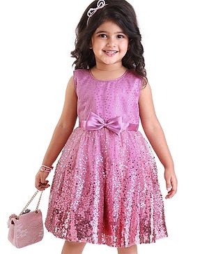 Babyhug Woven Sleeveless Sequined Fit & Flared  Party Frock with Bow Detailing - Pink
