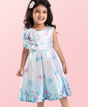 Babyhug Woven  Sleeveless Fit & Flared Party Frock with Floral Print & Applique -  White & Sky Blue