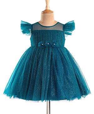 Babyhug Woven Half  Ruffle Sleeves Glitter Printed Solid Color Party Frock with Floral Applique - Teal Blue