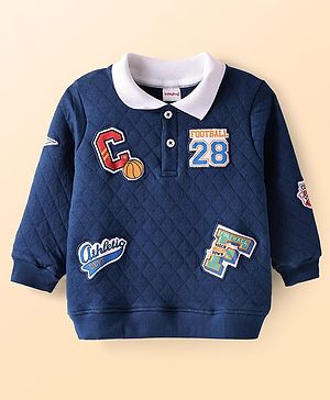 Babyhug Cotton Knit Full Sleeves Collared Sweatshirt with Quilting & Badge Detailing - Navy Blue