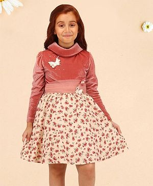 Cutecumber Full Sleeves Butterfly Applique Placement Floral Printed Dress - Rust  Red