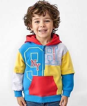 Babyhug Cotton Knit Full Doctor Sleeves Hooded Sweatshirt with Cut & Sew Design & Text Print - Multicolour