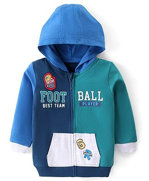 Babyhug Cotton Knit Full Sleeves Hooded Front Open Sweatjacket with Text Print & Kangaroo Pockets - Blue & Green