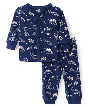 Doodle Poodle Cotton Knit Full Sleeves Front Open Dino Printed Thermal Vest & Leggings - Navy Blue