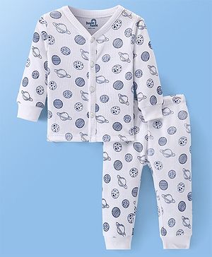 Doodle Poodle Cotton Knit Full Sleeves Front Open Printed Thermal Vest & Legging Space Print - Bright White