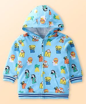 Babyhug Cotton Knit Full Sleeves Hooded Front Open Sweatjacket with Animal & Text  Print - Blue