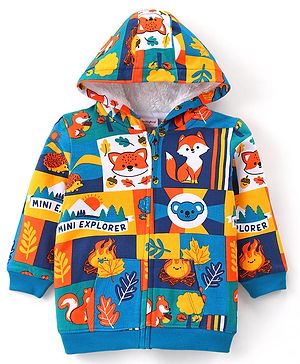Babyhug Cotton Knit Full Sleeves Hooded Sweatshirts with Animals Print & Kangaroo Pockets - Blue & Yellow