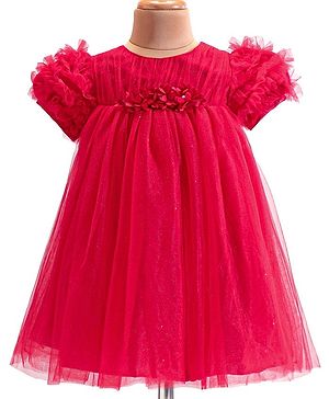 Babyhug Woven Ruffle Half Sleeves Fit and Flare Party Frock With Floral Applique -Red