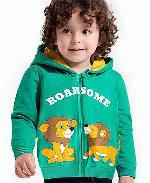 Babyhug Cotton Knit Full Sleeves Lion Printed Hooded Sweat Jacket - Sea Green