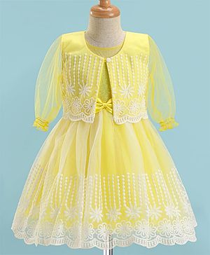 Babyhug Woven Full Puffed Sleeves Fit & Flare Floral Embroidered Frock with Shrug - Lemon Yellow