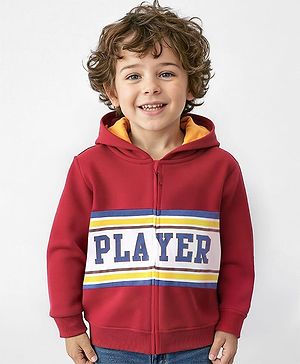 Babyhug Cotton Knit Full Sleeves Text Printed  With Quilting Detailing Hooded Sweatjacket & Front Zipper - Red