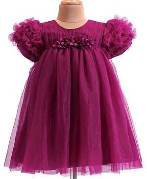 Babyhug  Woven Half Puffed Sleeves Mesh Shimmered Party Frock with Ruffle Detailing & Floral Applique - Wine