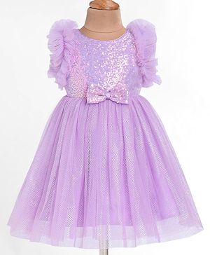 Babyhug Woven Sleeveless Sequined Fit & Flared Party Frock with Bow Applique & Frill Detailing - Lavender