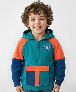 Babyhug Cotton Knit Full Raglan Sleeves Hooded Sweatjacket with Zipper & Graphics - Teal Blue