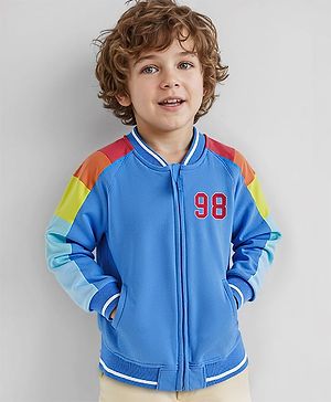 Babyhug Cotton Knit Full Raglan Sleeves Front Open Bomber Jacket with Colour Block Design on Sleeves - Blue