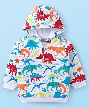 Babyhug Cotton Knit Full Sleeves Hooded Sweatshirt with Dino Print & Kangaroo Pockets - White