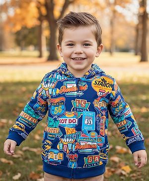 Babyhug Cotton Knit Full Sleeves Hooded Front Open Sweatjacket with Text Print - Blue