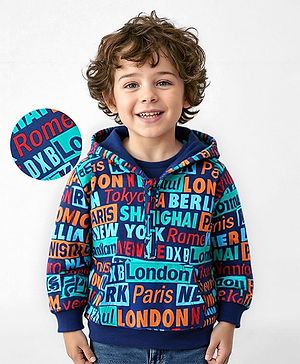 Babyhug Cotton Knit Full Sleeves Hooded Sweatshirt with Text Print & Kangaroo Pockets - Blue