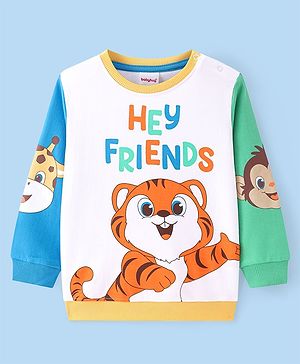 Babyhug Cotton Knit Full Sleeves Pullover Sweatshirt with Animals Print - White