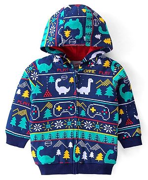 Babyhug Cotton Knit Full Sleeves Hooded Front Open Sweatjacket with Dino Print - Navy Blue