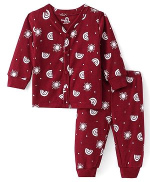 Doodle Poodle Knitted Full Sleeves Front Open Thermal Vest & Pant Set with Rainbow & Sun Print - Red