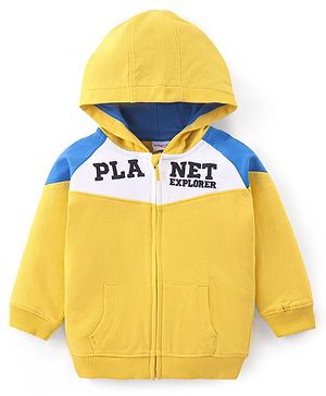 Babyhug Cotton Fleece Knit Full Raglan Sleeves Front Open Hooded Sweatjacket with Cut & Sew Design & Text Embroidery - Yellow