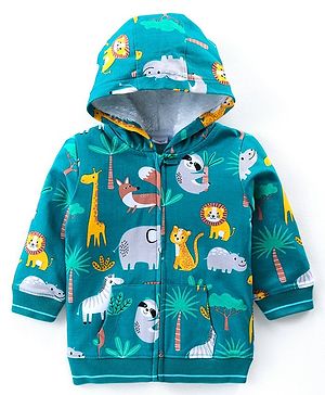Babyhug Cotton Knit Full Sleeves Hooded Sweatjacket With Kangaroo Pockets Animal Print - Green