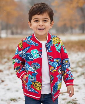 Babyhug Cotton Knit Full Sleeves Front Open Bomber Jacket With Text Prints - Red