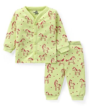 Doodle Poodle Cotton Knit Full Sleeves Front Open Vest & Legging Set with Unicorn Print - Light Green