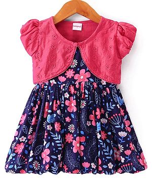 Babyhug Cotton Woven Half Sleeves Shrug with Frock Floral Print - Blue & Pink