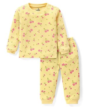 Doodle Poodle Cotton Knit Full Sleeves Floral Printed Thermal Vest & Pant Set - Lemon Yellow