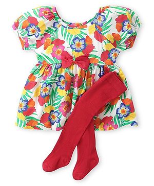 Babyhug Cotton Woven Half Sleeves Floral Printed Frock With Stockings & Bow Applique - Red & White