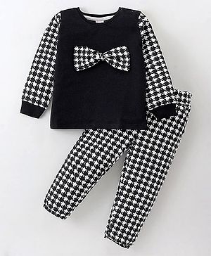 Kookie Kids Terry Knit Full Sleeves Printed Winter Wear Set With Bow Detailing - Black & White