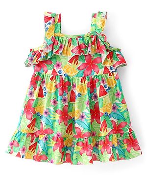 Babyhug  Cotton Woven Sleeveless Frock with Floral Print & Frill Detailing - Multicolor