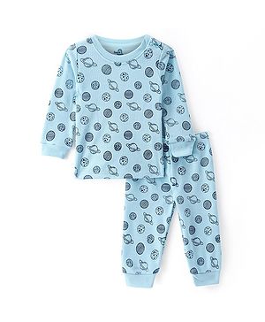 Doodle Poodle Cotton Knit Full Sleeves  Space Theme  Printed Thermal Vest & Leggings - Blue