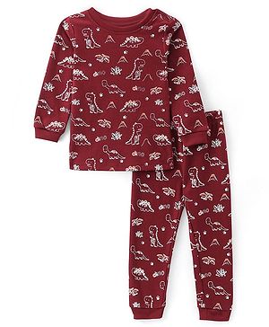 Doodle Poodle Cotton Knit Full Sleeves Dino Printed Thermal Vest & Leggings - Red