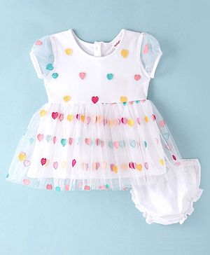 Babyhug Cotton Woven Half Sleeves Frock with Bloomer Heart Embroidery - White