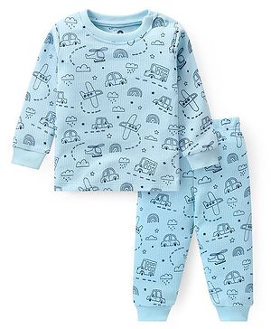 Doodle Poodle Cotton Knit Full Sleeves Thermal Vest & Pant Set with Vehicle Print - Light Blue