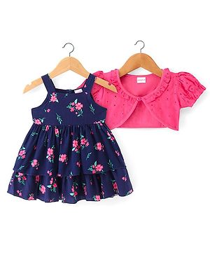 Babyhug Cotton Woven Half Sleeves Shrug with Frock Floral Print - Navy Blue & Pink