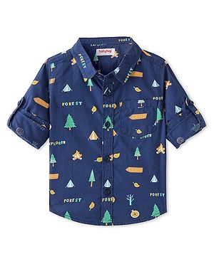 Babyhug Cotton Woven Full Sleeves Regular Collar Tress Printed Shirt with Pocket Detailing - Navy Blue