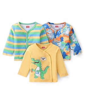 Babyhug 100% Cotton Knit Full Sleeves Striped & Crocodile Printed Front Open Vests Pack of 3 - Yellow & Green