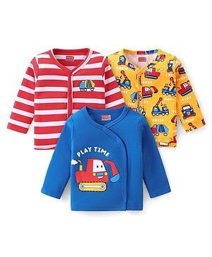 Babyhug 100% Cotton Knit Full Sleeves Front Open Vests With Stripes & Vehicles Print Pack of 3 - Red Yellow & Blue