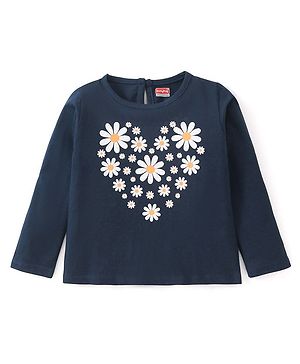 Babyhug Cotton Knit Full Sleeves T-Shirt With Floral Print - Navy Blue