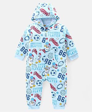 Babyhug 100% Cotton Full Sleeves Hooded Romper Text Print - Blue