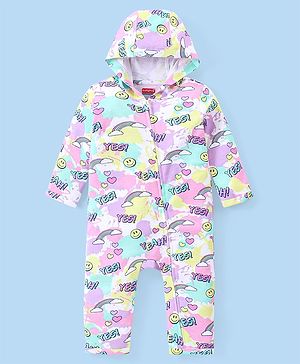 Babyhug 100% Cotton Knit Full Sleeves Hooded Front Open Romper with Text & Rainbow Print - White Pink & Blue