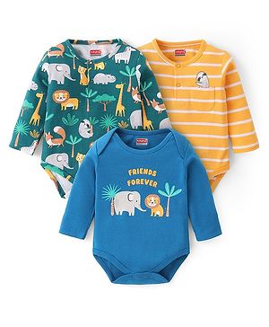 Babyhug 100% Cotton Full Sleeves Onesies Animal Print Pack of 3 -Blue & Yellow