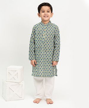 KLINGARU Full Sleeves Ethnic Motif Printed Kurta With Pyjama Set - Blue