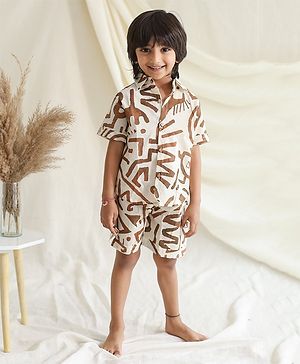 KLINGARU Cotton Half Sleeves Abstract Printed Shirt And Short Set - Beige