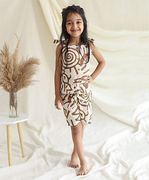 KLINGARU Cotton Sleeveless Abstract Printed Top And Shorts Set - Beige